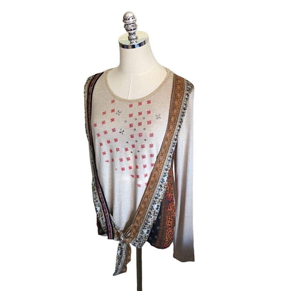 Desigual Top Women's Size Medium Beige Multi Color Floral Mixed Media - Picture 2 of 7